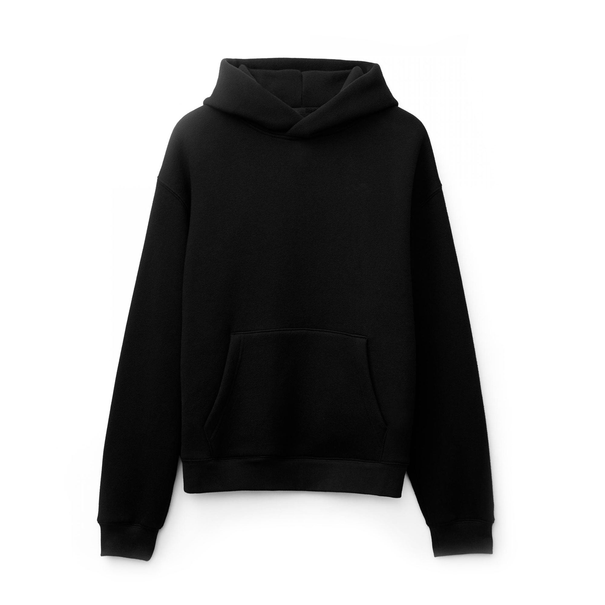 A black hoodie with a hood, long sleeves, and a front pocket, displayed against a white background.