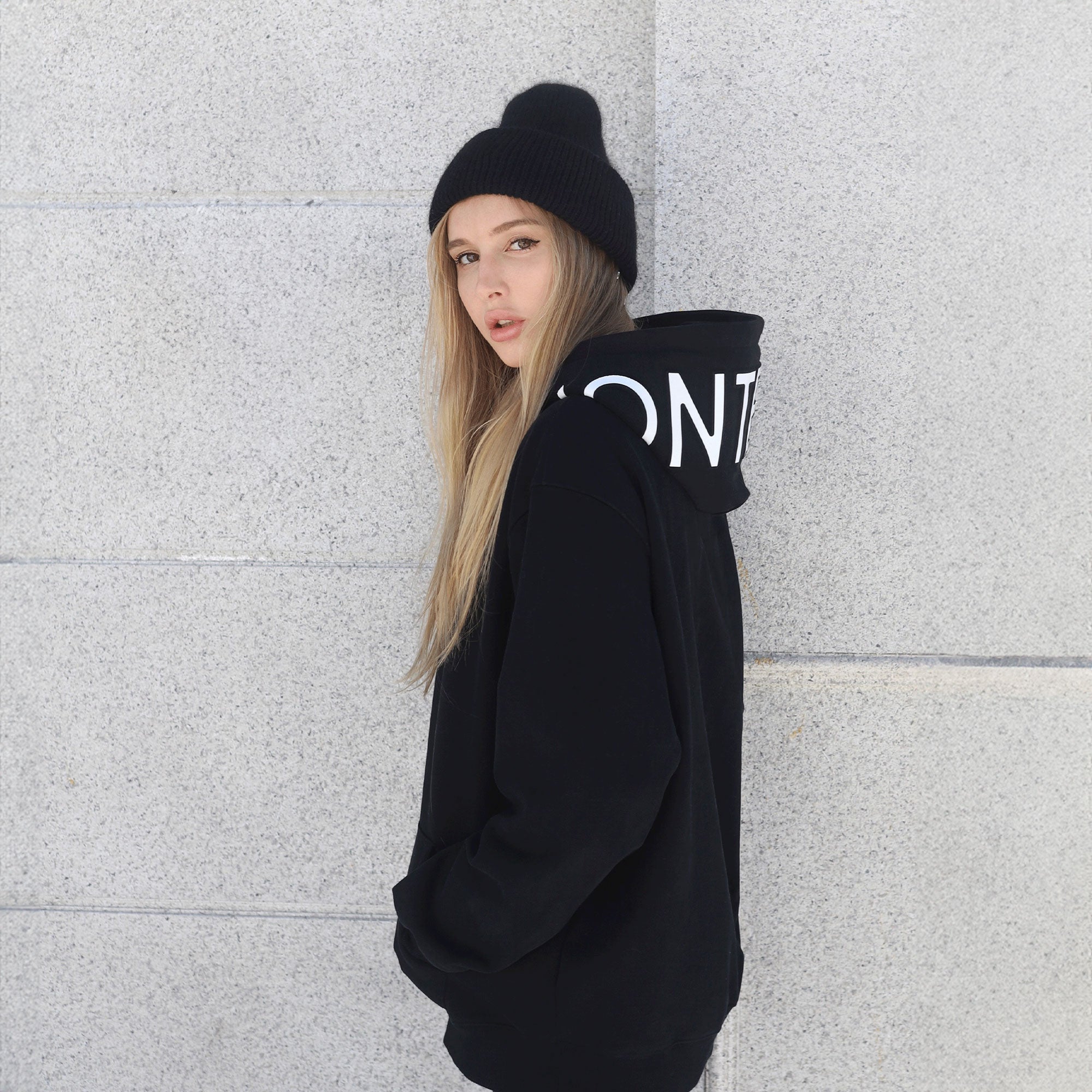 girl wearing black hoodie