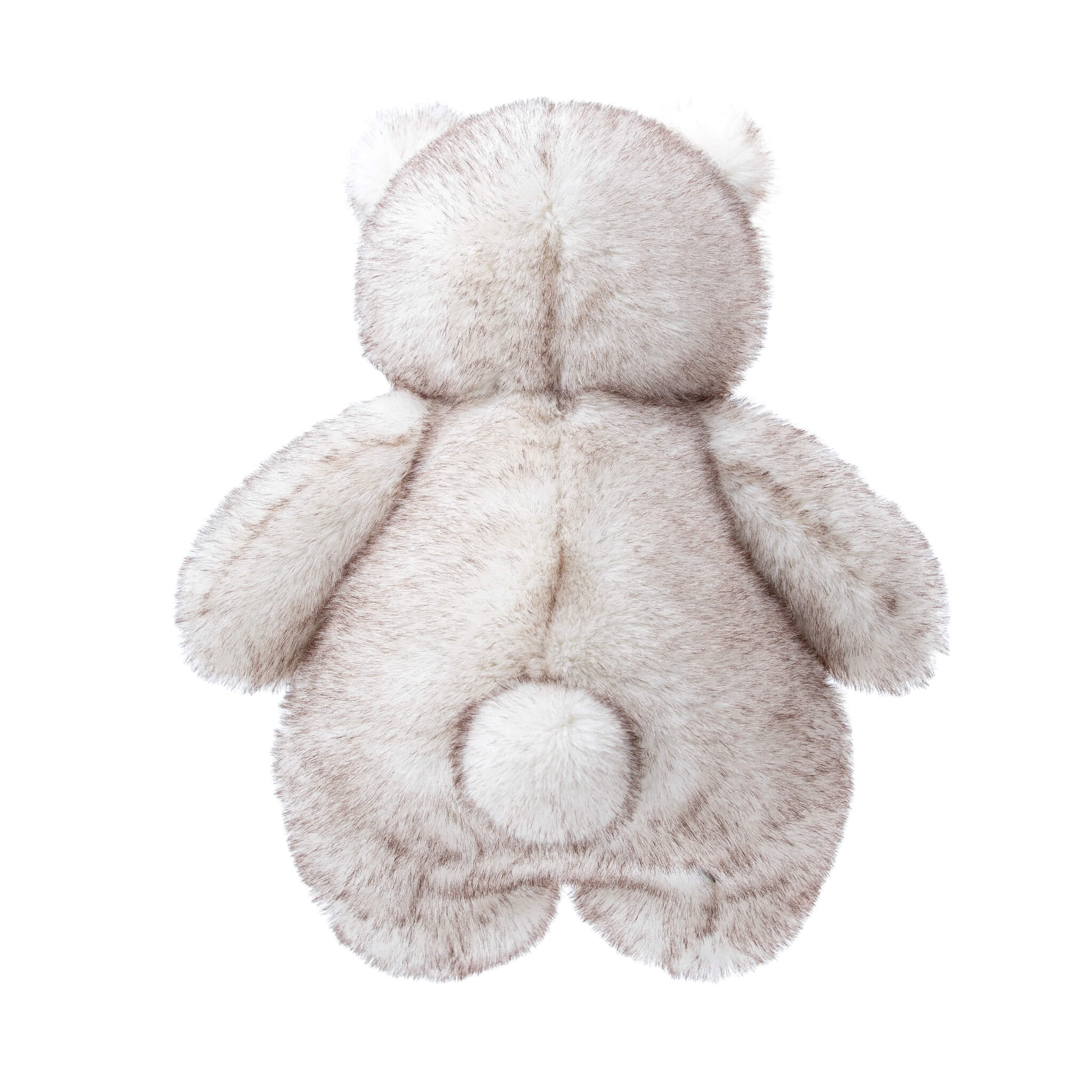 Back view of a fluffy teddy bear on a white background